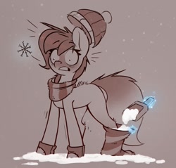 Size: 1213x1159 | Tagged: safe, artist:rexyseven, imported from derpibooru, oc, oc only, oc:rusty gears, earth pony, pony, beanie, blushing, clothes, cold, female, gloves, gritted teeth, hat, levitation, magic, mare, offscreen character, pure unfiltered evil, reaction, scar, shocked, shovel, snow, snowflake, socks, solo, striped socks, telekinesis