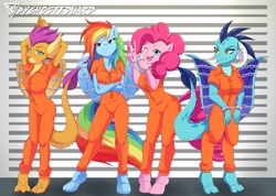 Size: 2700x1920 | Tagged: safe, artist:byghosteduard, imported from derpibooru, pinkie pie, princess ember, rainbow dash, smolder, anthro, digitigrade anthro, dragon, earth pony, pegasus, unguligrade anthro, clothes, cuffed, dragoness, female, one eye closed, prison outfit, prisoner ember, prisoner rd, prisoner smolder, smiling, unamused, varying degrees of want, wink