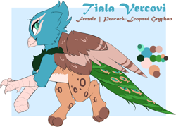 Size: 2742x1977 | Tagged: safe, artist:beardie, imported from derpibooru, oc, oc only, oc:tiala vercovi, big cat, bird, griffon, hybrid, leopard, peacock, colored pupils, female, folded wings, griffon oc, paws, peacock feathers, reference sheet, smiling, solo, wings
