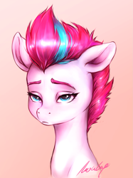 Size: 1381x1845 | Tagged: safe, artist:buttersprinkle, imported from derpibooru, zipp storm, pegasus, pony, eyebrows, eyelashes, female, g5, lidded eyes, mare, my little pony: a new generation, signature, simple background, solo, unamused