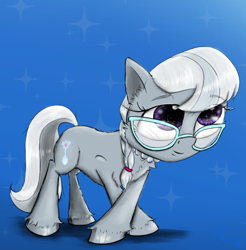 Size: 2000x2032 | Tagged: safe, artist:chopsticks, imported from derpibooru, silver spoon, earth pony, pony, cheek fluff, chest fluff, crossed hooves, curtsey, cute, ear fluff, eyebrows, eyebrows visible through hair, female, filly, foal, glasses, high res, jewelry, looking up, necklace, pearl necklace, silverbetes, smiling, solo, unshorn fetlocks