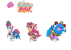 Size: 4299x3035 | Tagged: safe, artist:omegaridersangou, imported from derpibooru, izzy moonbow, sunny starscout, zipp storm, earth pony, pegasus, pony, unicorn, anime, cure precious, cure spicy, cure yum-yum, delicious party precure, female, g4, g5, g5 to g4, high res, looking at you, mare, my little pony: a new generation, precure, pretty cure, simple background, trio, white background