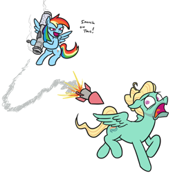 Size: 856x853 | Tagged: safe, artist:jargon scott, imported from derpibooru, rainbow dash, zephyr breeze, pegasus, pony, duo, female, male, mare, rocket, rocket launcher, running, simple background, stallion, this will end in explosions, white background