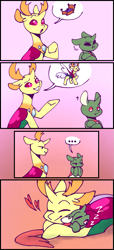 Size: 467x1024 | Tagged: safe, artist:paintedsnek, imported from derpibooru, thorax, oc, oc:apex (kolb), changedling, changeling, fanfic:the king of love bugs, ..., comic, cuddling, cute, floppy ears, head shake, king thorax, onomatopoeia, papa thorax, pouting, simple background, sound effects, thorabetes, thought bubble, zzz