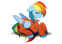 Size: 1430x1010 | Tagged: safe, artist:skyeypony, imported from derpibooru, rainbow dash, pegasus, clothes, crying, cuffed, cuffs, floppy ears, prison outfit, prisoner, prisoner rd, sad, shackles, wing cuffs, wings