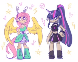 Size: 1720x1380 | Tagged: safe, artist:redxbacon, imported from derpibooru, fluttershy, twilight sparkle, human, alternate hairstyle, breasts, bunny ears, choker, cleavage, clothes, dress, duo, emo twilight, female, frown, goth twilight sparkle, horn, horned humanization, humanized, midriff, punk, skirt, spiked choker, spiked wristband, tail, tailed humanization, winged humanization, wings, wristband