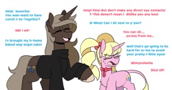 Size: 1713x907 | Tagged: safe, artist:redxbacon, imported from derpibooru, oc, oc:eureka, oc:parch well, pony, unicorn, clothes, height difference, implied lesbian, ribbon, sweater, talking, tsundere