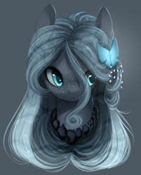 Size: 758x944 | Tagged: safe, artist:dammmnation, imported from derpibooru, oc, oc only, oc:raina, original species, pond pony, pony, bust, closed species, ear fluff, female, freckles, gray background, hair accessory, hair over one eye, hairclip, jewelry, looking away, looking to the right, mare, necklace, portrait, simple background, solo, stray strand