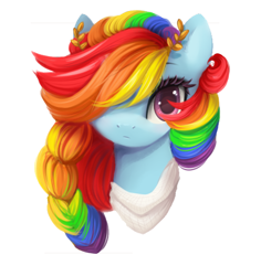 Size: 451x477 | Tagged: dead source, safe, artist:dammmnation, edit, imported from derpibooru, rainbow dash, pony, alternate hairstyle, braid, bust, clothes, cropped, female, hair over one eye, laurel wreath, looking at you, mare, multicolored hair, rainbow hair, scarf, solo