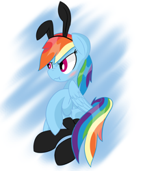 Size: 1500x1766 | Tagged: safe, artist:notadeliciouspotato, imported from derpibooru, rainbow dash, pegasus, pony, blushing, bunny ears, clothes, female, looking away, mare, scrunchy face, solo, spread wings, stockings, thigh highs, wings