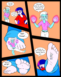 Size: 1280x1602 | Tagged: safe, artist:kyudude, edit, imported from derpibooru, trixie, twilight sparkle, equestria girls, comic, dialogue, feet, female, fetish, foot fetish, macro, micro, size difference, speech bubble