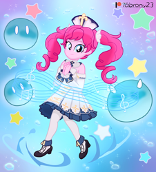 Size: 1824x2019 | Tagged: safe, artist:tabrony23, imported from derpibooru, pinkie pie, equestria girls, alternate hairstyle, barbara (genshin impact), beautiful, clothes, cosplay, costume, cute, diapinkes, female, genshin impact, looking at you, magic, patreon, patreon logo, shoes, show accurate, slime, slimes (genshin impact), smiling, solo, water