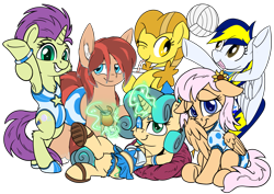 Size: 3273x2311 | Tagged: safe, artist:litrojia, artist:notadeliciouspotato, artist:pirill, derpibooru exclusive, imported from derpibooru, oc, oc only, oc:canned peaches, oc:cottonwood kindle, oc:fidget, oc:golden star, oc:huracata, oc:sky spark, earth pony, pegasus, pony, unicorn, derpibooru community collaboration, 2022 community collab, armpits, bendy straw, bipedal, cheek fluff, chest fluff, clothes, cup, drink, drinking, drinking straw, ear fluff, earth pony oc, eyepatch, female, flower, flower in hair, glass, group, high res, horn, looking at you, lying down, magic, male, mare, on back, one eye closed, one-piece swimsuit, pegasus oc, sandals, simple background, sitting, skirt, smiling, smiling at you, sports, stallion, swimming trunks, swimsuit, telekinesis, tongue out, transparent background, unicorn oc, volleyball, wet, wet mane, wink