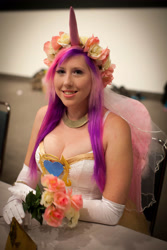 Size: 3162x4743 | Tagged: safe, artist:unkcos19, imported from derpibooru, princess cadance, human, anime expo, anime expo 2012, breasts, cleavage, clothes, cosplay, costume, dress, flower, gloves, irl, irl human, long gloves, photo, wedding dress