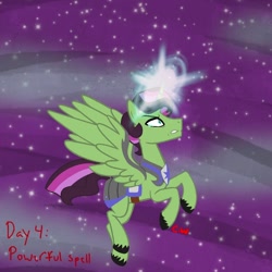 Size: 1000x1000 | Tagged: safe, artist:chelseawest, imported from derpibooru, oc, oc:emerald spark, alicorn, alicorn oc, armor, crying, horn, magic, offspring, offspring's offspring, parent:oc:golden drops, parent:oc:starfire spark, parents:oc x oc, petalverse, ponytober, wings