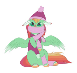 Size: 1024x978 | Tagged: safe, artist:fluffy-fillies, imported from derpibooru, oc, oc only, oc:summer harvest, pegasus, pony, clothes, female, filly, floppy ears, foal, hat, leg warmers, offspring, parent:big macintosh, parent:fluttershy, parents:fluttermac, pegasus oc, scarf, simple background, sketch, solo, vest, white background, wip