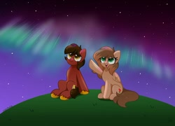 Size: 1700x1225 | Tagged: safe, artist:kittyrosie, imported from derpibooru, oc, oc only, earth pony, pegasus, pony, aurora borealis, duo, night, pointing, sitting