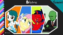 Size: 1202x677 | Tagged: safe, artist:tcgamebot, edit, imported from derpibooru, fluttershy, oc, oc:anon, oc:eclipse shine, oc:heart, earth pony, human, pegasus, pony, unicorn, chair, clothes, earmuffs, female, logo, looking at you, male, ponylatino, show accurate, sitting, smiling, underhoof