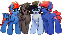 Size: 2880x1620 | Tagged: safe, artist:luther, imported from derpibooru, oc, oc only, oc:erasable, oc:gear crunch, oc:jjknott, oc:luther, earth pony, pegasus, pony, derpibooru community collaboration, 2022 community collab, chest fluff, earth pony oc, folded wings, glasses, high res, hooves, male, pegasus oc, simple background, smiling, stallion, standing, transparent background, two toned mane, wings