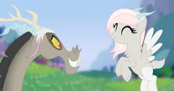 Size: 651x342 | Tagged: safe, artist:sugarcubecreationz, imported from derpibooru, discord, oc, oc:iris, draconequus, pegasus, pony, twilight's kingdom, base used, duo, eyes closed, father and child, father and daughter, female, flying, grin, male, mare, parent:discord, parents:canon x oc, pegasus oc, smiling, spread wings, wings