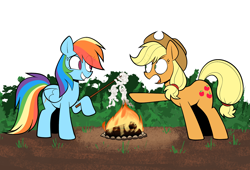 Size: 1280x870 | Tagged: safe, artist:latexia, imported from derpibooru, applejack, rainbow dash, rarity, earth pony, pegasus, pony, unicorn, campfire, female, food, food transformation, mare, marshmallow, raised hoof, rarity is a marshmallow, s'mores, stick, transformation, triality, trio