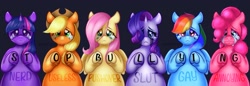 Size: 1931x666 | Tagged: safe, artist:imonly5feet, imported from derpibooru, applejack, fluttershy, pinkie pie, rainbow dash, rarity, twilight sparkle, alicorn, earth pony, pegasus, pony, unicorn, applejack's hat, bully, bullying, chubby, cowboy hat, crying, fat, hat, looking at you, makeup, mane six, running makeup, sad, simple background, teary eyes, twilight sparkle (alicorn), underhoof