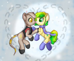 Size: 1280x1048 | Tagged: safe, artist:appleneedle, imported from derpibooru, oc, oc:apophis, earth pony, original species, pony, snake, snake pony, clothes, couple, egyptian, egyptian pony, love, romance, scarf, snow, vest, winter