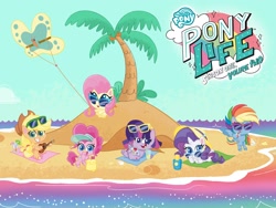 Size: 2560x1920 | Tagged: safe, imported from derpibooru, applejack, fluttershy, pinkie pie, rainbow dash, rarity, twilight sparkle, alicorn, pegasus, pony, unicorn, my little pony: pony life, amazon.com, beach, g4.5, mane six, my little pony logo, official, palm tree, tree, twilight sparkle (alicorn)