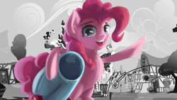 Size: 2666x1500 | Tagged: safe, artist:musical ray, imported from derpibooru, pinkie pie, earth pony, pony, bipedal, chicago, grand theft auto, gta iv, musical, solo