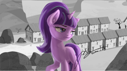 Size: 2666x1500 | Tagged: safe, artist:musical ray, imported from derpibooru, starlight glimmer, pony, unicorn, chicago, grand theft auto, gta iv, musical, our town, partial color, s5 starlight, solo, starlight's village