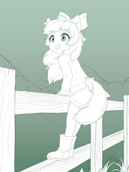 Size: 1800x2400 | Tagged: safe, artist:symbianl, imported from derpibooru, apple bloom, human, equestria girls, adorabloom, boots, clothes, cute, eared humanization, female, fence, filly, gradient background, humanized, limited palette, monochrome, open mouth, open smile, shoes, shorts, smiling, solo, tail, tailed humanization