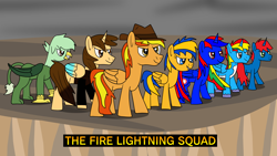 Size: 1920x1080 | Tagged: safe, artist:platinumdrop, imported from derpibooru, oc, oc only, oc:ej, oc:firey ratchet, oc:flare spark, oc:gregory, oc:shield wing, oc:stephen fisher, oc:train track, alicorn, griffon, pegasus, unicorn, clothes, female, hat, male, mare, request, stallion