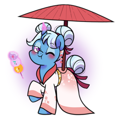 Size: 1117x1078 | Tagged: safe, artist:paperbagpony, imported from derpibooru, trixie, pony, unicorn, alternate hairstyle, blushing, clothes, cute, dango, diatrixes, food, kimono (clothing), lidded eyes, looking at you, magic, magic aura, one eye closed, parasol (umbrella), solo, telekinesis, umbrella, wink