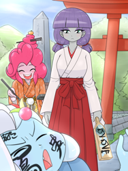 Size: 1668x2224 | Tagged: safe, artist:batipin, imported from derpibooru, maud pie, pinkie pie, trixie, equestria girls, alternate hairstyle, angry, brush, chopsticks in hair, clothes, face doodle, female, hanetsuki, kimono (clothing), miko, multiple variants, paddle, torii, trio, yukata