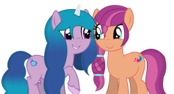 Size: 9000x4874 | Tagged: safe, artist:laszlvfx, imported from derpibooru, izzy moonbow, sunny starscout, earth pony, pony, unicorn, absurd resolution, base used, duo, duo female, eye contact, female, g4, g5, g5 to g4, generation leap, grin, horn, looking at each other, looking at someone, mare, my little pony: a new generation, show accurate, simple background, smiling, tail, transparent background, unshorn fetlocks