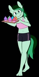 Size: 775x1500 | Tagged: source needed, useless source url, safe, artist:carouselboi, imported from derpibooru, oc, oc only, oc:eden shallowleaf, anthro, plantigrade anthro, barefoot, belly button, black background, clothes, cupcake, excited, feet, food, midriff, plate, shorts, simple background, solo, tanktop, toes