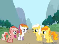 Size: 1024x768 | Tagged: safe, artist:andromendaskies, imported from derpibooru, peachy pie, peachy pie (g3), sunny daze, sunny daze (g3), earth pony, pony, cute, dazeabetes, female, filly, foal, g3, g3 dazeabetes, g3 peachybetes, g3 to g4, g4, generation leap, generational ponidox, generations, group, outdoors, peachybetes, smiling