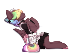 Size: 1300x1000 | Tagged: safe, artist:avroras_world, imported from derpibooru, oc, oc only, oc:walter evans, pegasus, pony, chest fluff, clothes, colored wings, crossdressing, hair over eyes, maid, male, meme, multicolored hair, multicolored mane, multicolored tail, multicolored wings, open mouth, pegasus oc, simple background, sitting, solo, stallion, tail, white background, wings