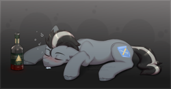Size: 3150x1650 | Tagged: safe, artist:avroras_world, imported from derpibooru, oc, oc only, oc:sheggy, earth pony, pony, alcohol, blushing, drool, drunk, earth pony oc, eyebrows, eyes closed, floppy ears, high res, liquor, lying down, male, prone, simple background, sleeping, solo, stallion
