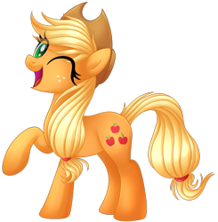 Size: 837x853 | Tagged: safe, artist:kimmyartmlp, imported from derpibooru, applejack, earth pony, pony, cute, female, jackabetes, one eye closed, raised hoof, simple background, solo, transparent background, wink