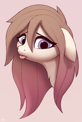 Size: 600x900 | Tagged: safe, artist:luminousdazzle, imported from derpibooru, oc, oc only, oc:linnea, earth pony, pony, :p, bust, chest fluff, frown, gradient eyes, gradient mane, long hair, looking down, portrait, sad, tongue out