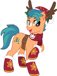 Size: 3029x4000 | Tagged: safe, artist:limedazzle, imported from derpibooru, part of a set, hitch trailblazer, earth pony, pony, christmas, clothes, cute, g4, g5, g5 to g4, hitchbetes, holiday, male, my little pony: a new generation, open mouth, raised hoof, scarf, simple background, solo, stallion, transparent background