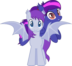 Size: 4372x4000 | Tagged: safe, artist:parclytaxel, imported from derpibooru, oc, oc only, oc:evening's dawn, oc:nebulous (bat), bat pony, pony, derpibooru community collaboration, .svg available, 2022 community collab, absurd resolution, bat pony oc, bat wings, commission, cute, cute little fangs, duo, ear fluff, ear tufts, fangs, female, freckles, hooves, looking at you, male, mare, ponies riding ponies, riding, show accurate, simple background, slit pupils, smiling, spread wings, stallion, standing, transparent background, vector, wings