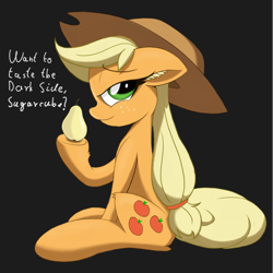 Size: 2483x2486 | Tagged: safe, artist:itchystomach, imported from derpibooru, applejack, earth pony, pony, cel shading, dishonorapple, food, high res, pear, shading, solo, sugarcube, text
