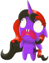 Size: 2148x2725 | Tagged: safe, artist:kimmyartmlp, imported from derpibooru, oc, oc only, oc:ender bat, pony, undead, unicorn, vampire, adorable distress, bipedal, chibi, cute, fangs, high res, horn, open mouth, simple background, solo, transparent background, unicorn oc