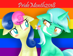 Size: 4328x3298 | Tagged: safe, artist:kimmyartmlp, imported from derpibooru, bon bon, lyra heartstrings, sweetie drops, earth pony, pony, unicorn, blushing, duo, female, grin, lesbian, lyrabon, pride flag, pride month, shipping, smiling