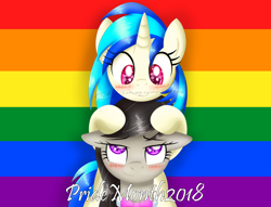 Size: 4328x3298 | Tagged: safe, artist:kimmyartmlp, imported from derpibooru, dj pon-3, octavia melody, vinyl scratch, earth pony, pony, unicorn, blushing, cute, duo, female, lesbian, pride flag, pride month, scratchtavia, shipping, vinylbetes