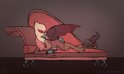 Size: 3047x1823 | Tagged: safe, artist:somber, imported from derpibooru, oc, oc only, oc:remelle redwing, griffon, alcohol, clothes, couch, crotchboobs, female, glass, griffon oc, lying down, nipples, nudity, reclining, robe, see-through, solo, teats, wine, wine glass