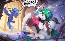 Size: 2430x1540 | Tagged: safe, artist:yakovlev-vad, imported from derpibooru, princess celestia, princess luna, alicorn, pony, clothes, dialogue, duo, duo female, female, forest, gritted teeth, horn, lacrimal caruncle, mare, revenge, s1 luna, scarf, slim, snow, snowball, snowball fight, snowman, spread wings, surprised, sweater, thin, this will end in a trip to the moon, this will end in daybreaker, this will not end well, wallpaper, wide eyes, wings