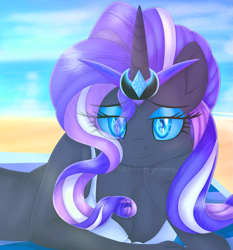 Size: 2535x2716 | Tagged: safe, artist:kimmyartmlp, imported from derpibooru, nightmare rarity, anthro, beach, bikini, breasts, cleavage, clothes, female, high res, lidded eyes, looking at you, lying down, nicemare rarity, ocean, prone, smiling, solo, swimsuit, water